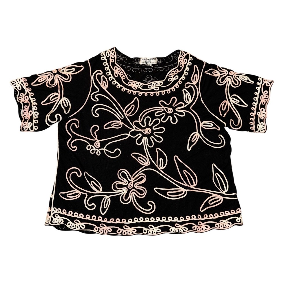 Lauren Michelle‎ Top Women 2X Black Pink Soutache Floral Embroidered